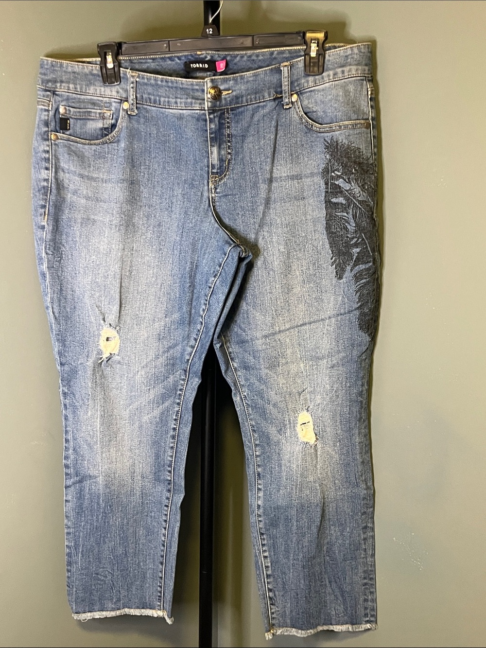 torrid Blue Distressed Ankle Jeans with Black Feather Print